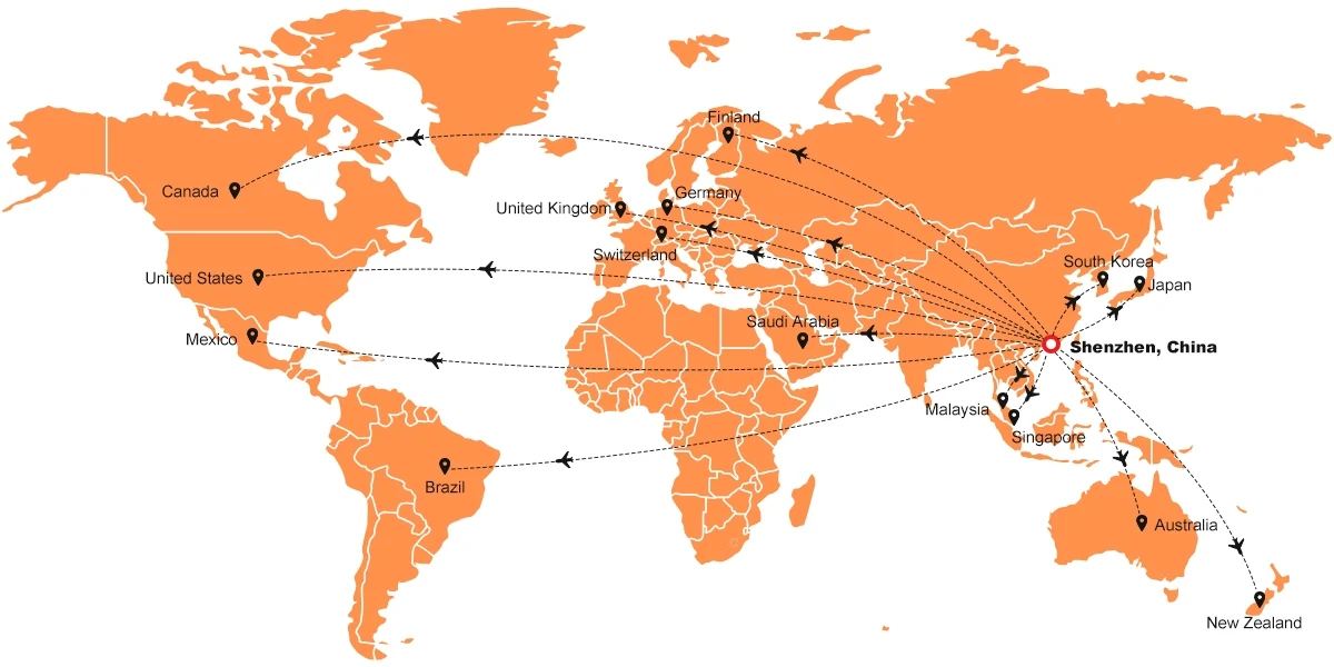 SFC global order fulfillment and delivery routes from Shenzhen, China to major international markets